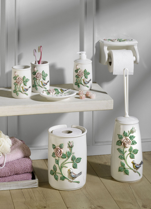 Badezimmeraccessoires - Klassische Badezimmer-Accessoires, in Farbe CREME-GRÜN-ROSA, in Ausführung WC-Garnitur mit Kunststoffbürste Ansicht 1