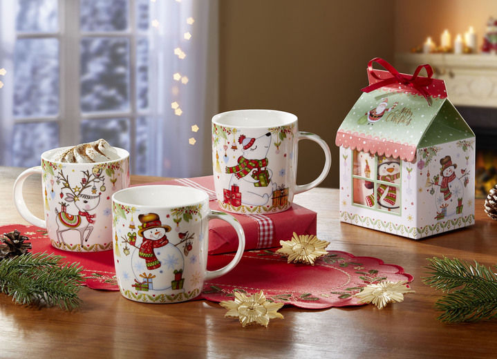 Porzellan - Weihnachtstassen, 4er-Set, mit Geschenkkartons, in Farbe BUNT