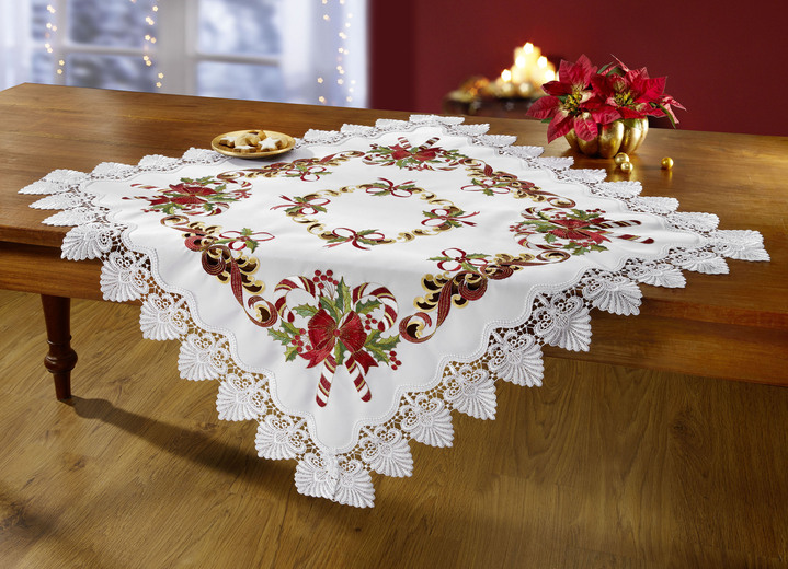 Tischdecken - Tisch- und Raumdekoration mit Spitzenborte, in Größe 101 (Deckchen, 35x 50 cm) bis 404 (Kissenbezug, 40x 40 cm), in Farbe WEISS-BUNT Ansicht 1