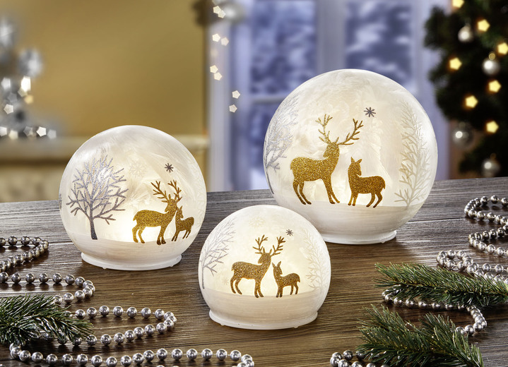 Weihnachtliche Dekorationen - LED-Kugeln aus Glas, 3er-Set, in Farbe WEISS-SILBER-GOLD