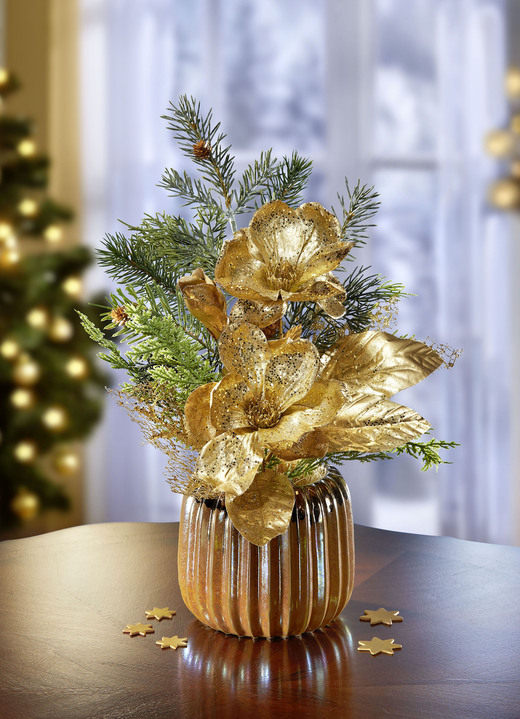 Weihnachtliche Dekorationen - Magnolien-Gesteck im Topf, in Farbe GRÜN-GOLD