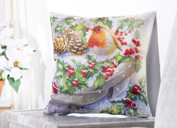Weihnachtliche Dekorationen - Kissenbezug Rotkehl, in Farbe ECRU-BUNT