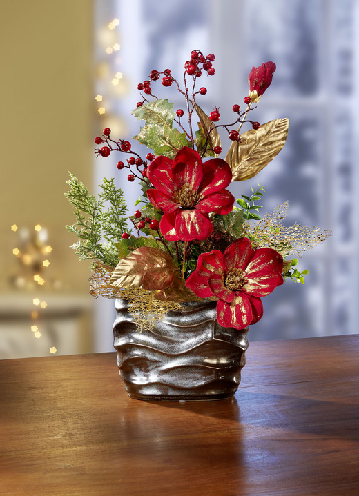 Gestecke & Kränze - Magnolien-Gesteck im Topf, in Farbe ROT-GRÜN