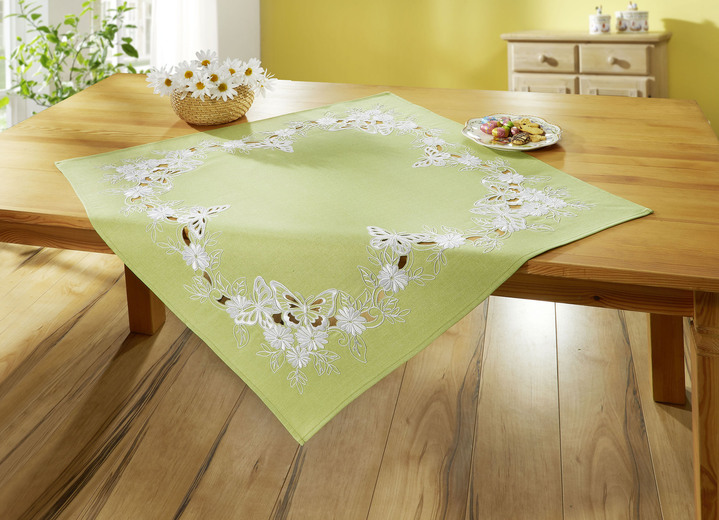 Tischdecken - Tisch- und Raumdekoration mit gestickten Schmetterlingen und Blumen Ansicht 2 Tischdecken - Tisch- und Raumdekoration mit gestickten Schmetterlingen und Blumen, in Größe 101 (Deckchen, 35x 50 cm) bis 404 (Kissenbezug, 40x 40 cm), in Farbe GRÜN-WEISS Ansicht 2