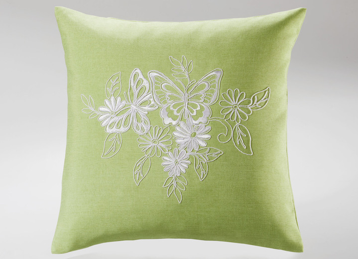 Tischdecken - Tisch- und Raumdekoration mit gestickten Schmetterlingen und Blumen Ansicht 3 Tischdecken - Tisch- und Raumdekoration mit gestickten Schmetterlingen und Blumen, in Größe 101 (Deckchen, 35x 50 cm) bis 404 (Kissenbezug, 40x 40 cm), in Farbe GRÜN-WEISS Ansicht 3