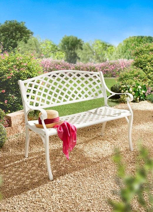 Gartenmöbel - Wetterfeste 2-Sitzer-Gartenbank aus leichten Aluguß, in Farbe WEISS Ansicht 1