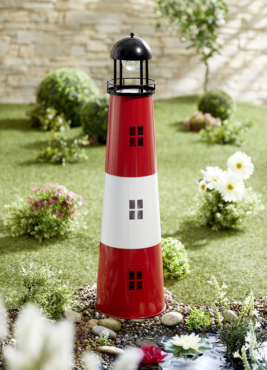 Gartendekoration - Dekorativer Solar Leuchtturm aus Metall, in Farbe ROT-WEISS Ansicht 1