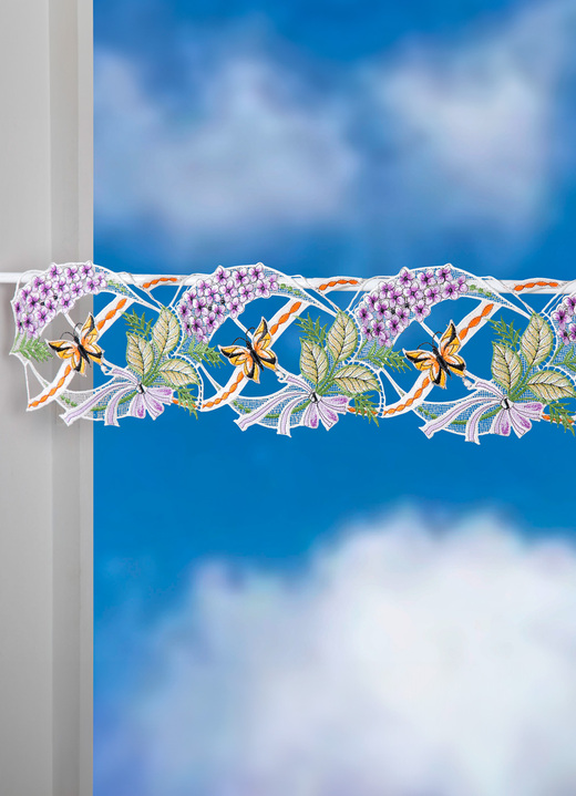 Kurzgardinen - Stangendeko Flieder aus echter Plauener Spitze, in Größe 628 (H15xB 40 cm) bis 660 (H15xB115 cm), in Farbe MULTICOLOR Ansicht 1