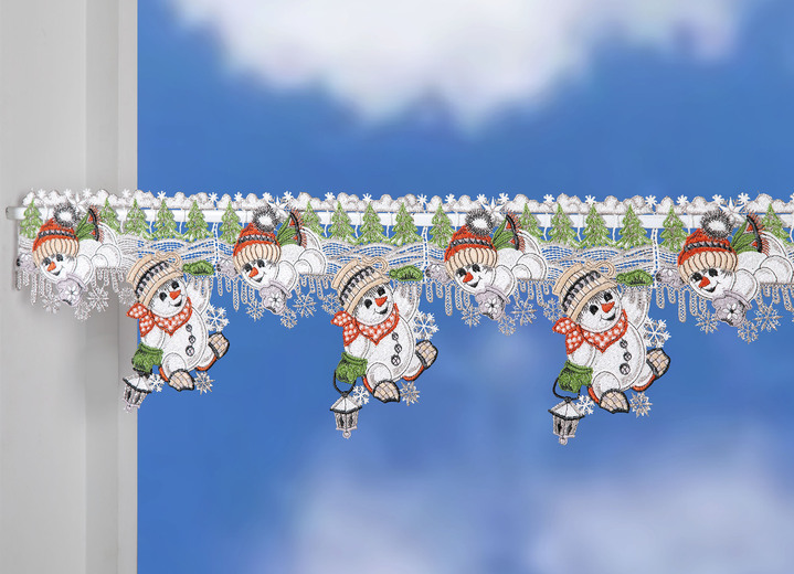 Kurzgardinen - Stangendekoration Schneemänner aus echter Plauener Spitze, in Größe 628 (H18xB36 cm) bis 664 (H18xB93 cm), in Farbe MULTICOLOR Ansicht 1