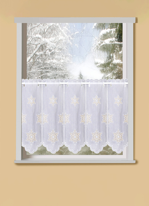 Kurzgardinen - Kurzstore Schneeflocke, in Größe 661 (30x 96 cm ) bis 858 (60x128 cm ), in Farbe WEISS-GOLD Ansicht 1