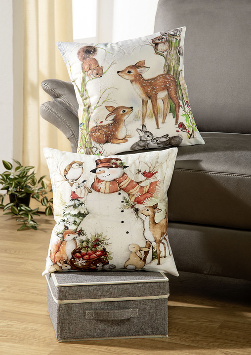 Dekokissen & Hüllen - Kissenbezug mit bezaubernden Winterszenen, in Farbe SCHNEEMANN IM WALD, in Ausführung Schneemann im Wald Ansicht 2