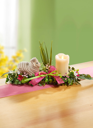 Ostern - Tischgesteck mit LED-Echtwachskerze, in Farbe GRÜN-ROSA
