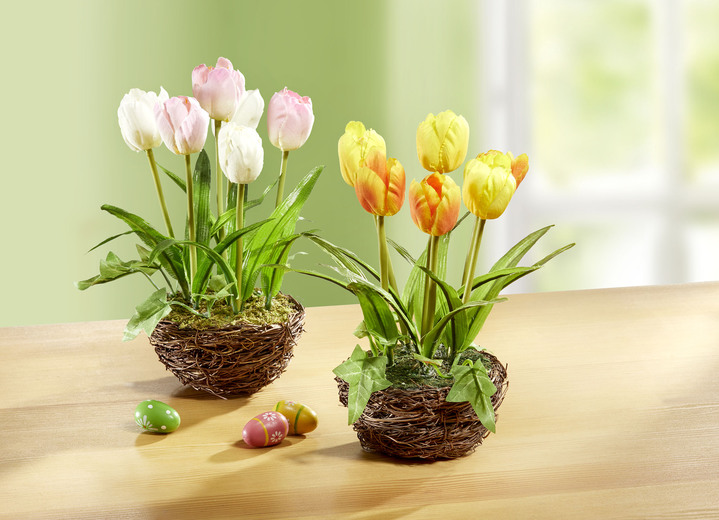 Kunst- & Textilpflanzen - Tulpen im Weidekorb Ansicht 2 Kunst- & Textilpflanzen - Tulpen im Weidekorb, in Farbe GELB-ORANGE, in Ausführung Gelb-Orange, klein Ansicht 2