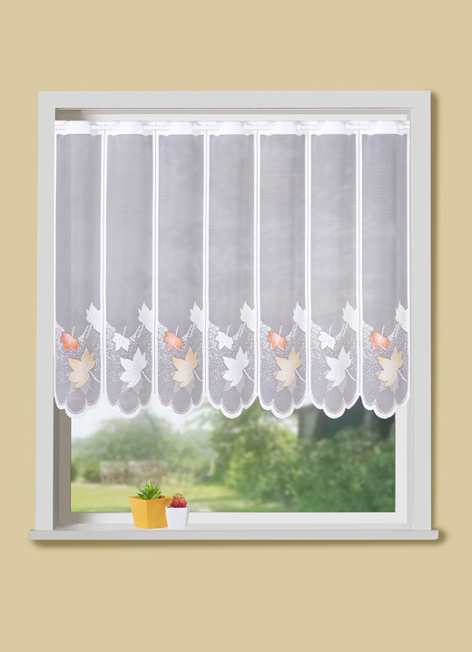 Kurzgardinen - Kurzstore mit herbstlichem Blättermotiv, in Größe 856 (H60xB104 cm) bis 894 (H100xB164 cm), in Farbe WEISS-TERRA