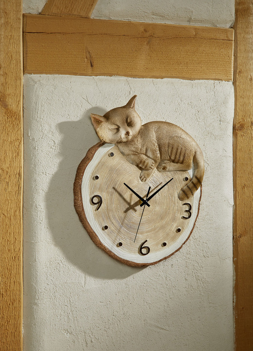 Uhren - Wanduhr mit Katze in Baumscheibenoptik, in Farbe BRAUN-NATUR