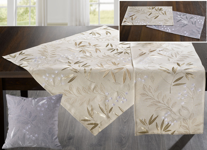 Tischdecken - Bestickte Tisch- und Raumdekoration mit Gräser- und Blätter-Dessin, in Größe 130 (2 Deckchen, 35x 50 cm) bis 404 (Kissenbezug, 40x 40 cm), in Farbe BEIGE Ansicht 2