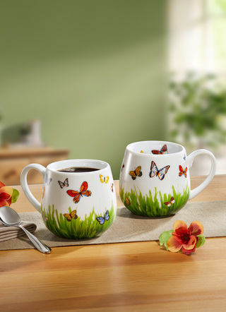 Geschirr - Henkelbecher aus hochwertigem Porzellan, in Farbe WEISS-GRÜN