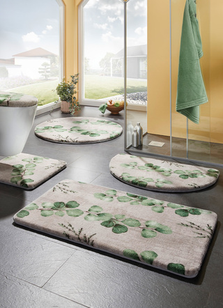 Badgarnituren - Naturnahe Badgarnitur mit Eukalyptus-Blätter-Motiv, in Größe 100 (Vorleger halbrund, 50x 80 cm) bis 112 (Motiv-WC-Deckelbezug, 47x 50 cm), in Farbe BEIGE-GRÜN – Farbe BEIGE-GRÜN – Ansicht 