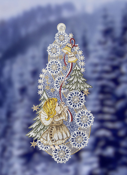 Plauener Spitze - Fensterbild aus echter Plauener Spitze, in Farbe GOLD