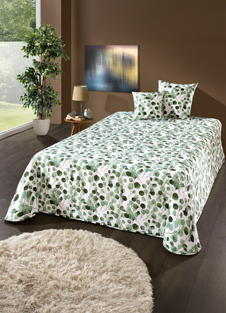 Tagesdecken - Tagesdecke und Kissenbezüge mit Blättermotiv, in Größe 873 (Einzelbett, 135x210 cm) bis 924 (2 Kissenbezüge, 50x 50 cm), in Farbe GRÜN – Farbe GRÜN – Ansicht 