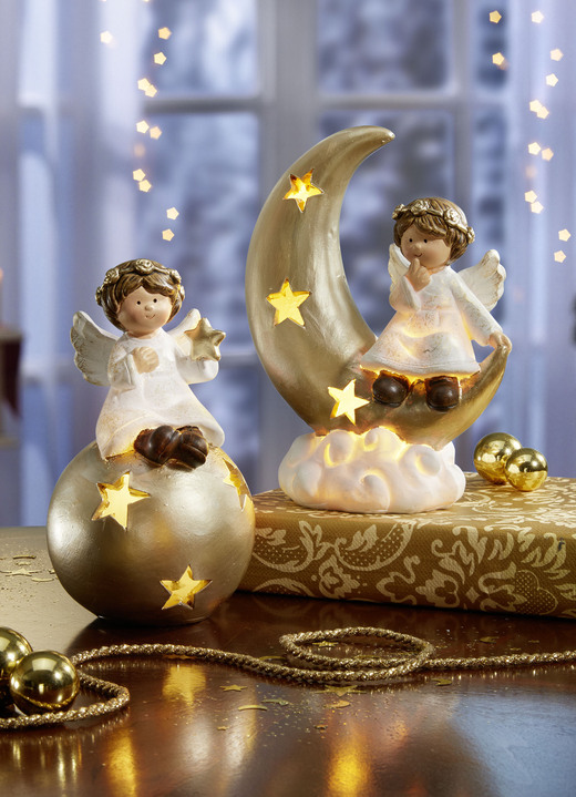 Weihnachtliche Dekorationen - Beleuchteter Engel aus Keramik, in Farbe WEISS-GOLD, in Ausführung Engel auf Kugel Ansicht 2