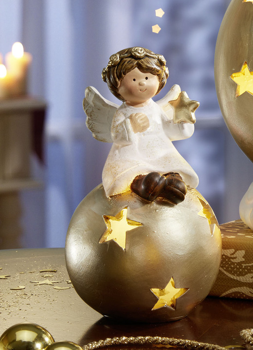 Weihnachtliche Dekorationen - Beleuchteter Engel aus Keramik, in Farbe WEISS-GOLD, in Ausführung Engel auf Kugel Ansicht 1