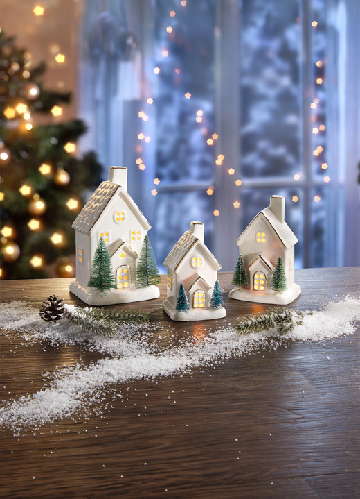Weihnachtliche Dekorationen - Beleuchtetes Häuschen aus  Porzellan, in Farbe WEISS, in Ausführung klein