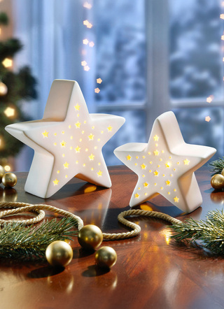 Weihnachtliche Dekorationen - Beleuchteter Stern aus Porzellan, 2er-Set, in Farbe CREMEWEISS