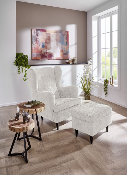 Sessel - Ohrenbackensessel mit Hocker, in Farbe CREME Ansicht 1