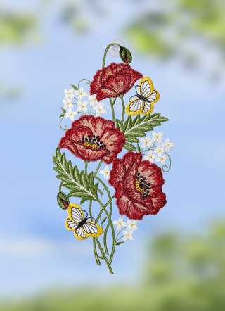 Fensterbild mit Mohnblumen-Motiv aus Plauener Spitze