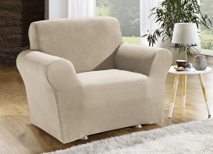 Sessel- & Sofaüberwürfe - Bi-elastische Stretchbezüge aus 92% Baumwolle, in Größe 101 (Sesselbezug) bis 106 (Stuhlbezug), in Farbe BEIGE Ansicht 1