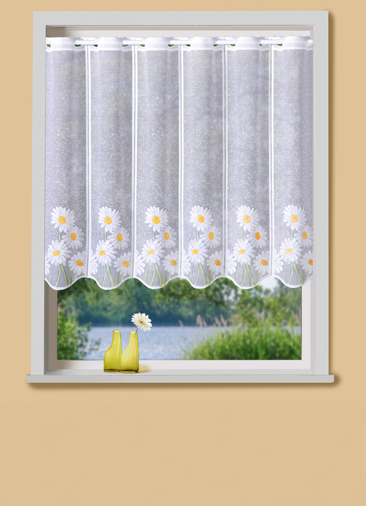 Kurzgardinen - Kurzstore mit Stangendurchzug und gebogtem Abschluss, in Größe 856 (H60xB104 cm) bis 896 (H100xB164 cm), in Farbe WEISS-BUNT Ansicht 1