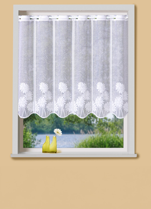 Kurzgardinen - Kurzstore mit Stangendurchzug und gebogtem Abschluss, in Größe 856 (H60xB104 cm) bis 896 (H100xB164 cm), in Farbe WEISS-BUNT Ansicht 2