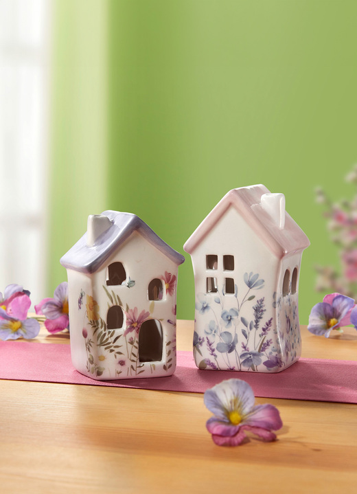 - Deko-Häuschen aus Keramik, 2er-Set, in Farbe WEISS-LILA-ROSA