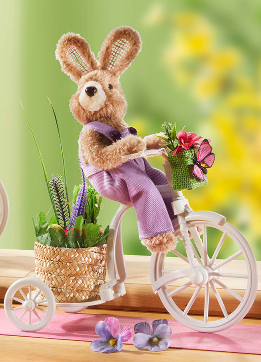 Oster-Dekorationen - Hase auf Fahrrad, in Farbe BUNT, in Ausführung Hase mit lilafarbener Latzhose Ansicht 1