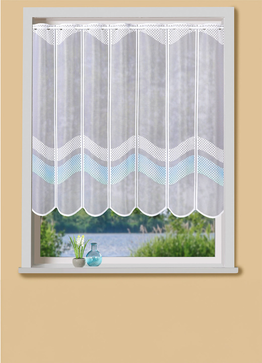 Kurzgardinen - Handcolorierter Kurzstore, in Größe 856 (H60xB 98 cm) bis 884 (H90xB148 cm), in Farbe WEISS-BLAU Ansicht 1