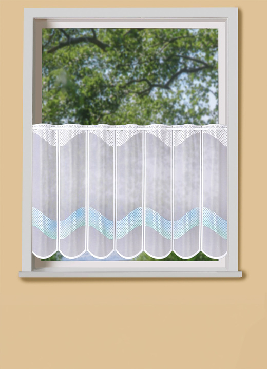 Kurzgardinen - Handcolorierter Kurzstore Ansicht 2 Kurzgardinen - Handcolorierter Kurzstore, in Größe 856 (H60xB 98 cm) bis 884 (H90xB148 cm), in Farbe WEISS-BLAU Ansicht 2