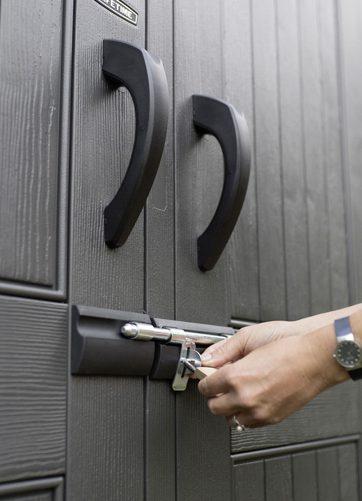 Gartengeräte und Zubehör - Stabiles Gerätehaus Ansicht 2 Gartengeräte und Zubehör - Stabiles Gerätehaus, in Farbe GRAU, in Ausführung Gerätehaus Stella Ansicht 2