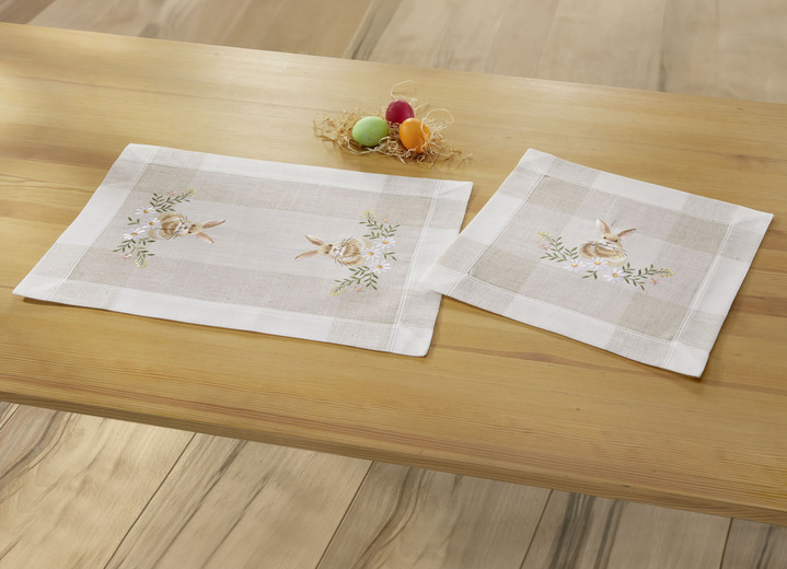 Tischdecken - Bestickte Tisch- und Raumdekoration mit Osterhasen-Motiv, in Größe 102 (Läufer, 40x 85 cm) bis 404 (Kissenbezug, 40x 40 cm), in Farbe SEKT-BUNT Ansicht 3