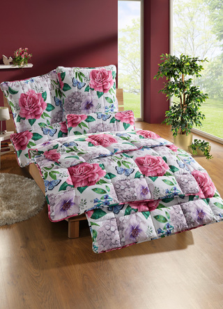 Bettwaren - Bettwaren-Set Hortensien-Dessin, 2-teilig, in Größe 111 (40x80 cm + 135x200 cm) bis 112 (80x80 cm + 135x200 cm), in Farbe CREME