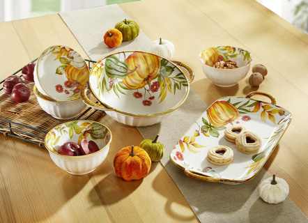 Wohnaccessoires - Herbstliches Porzellan-Set, 6-teilig, in Farbe WEISS-ORANGE-GRÜN