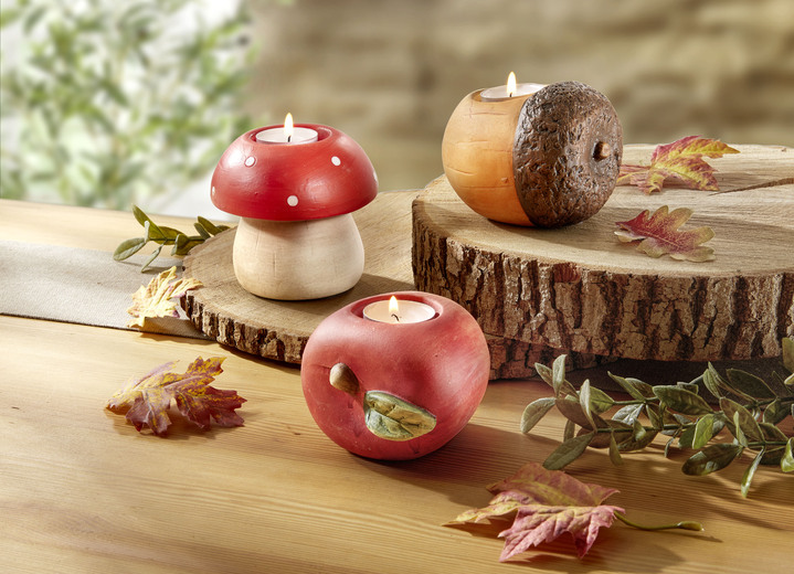 Wohnaccessoires - Herbstliche Teelichthalter im 3er-Set, in Farbe ROT-ORANGE-BRAUN