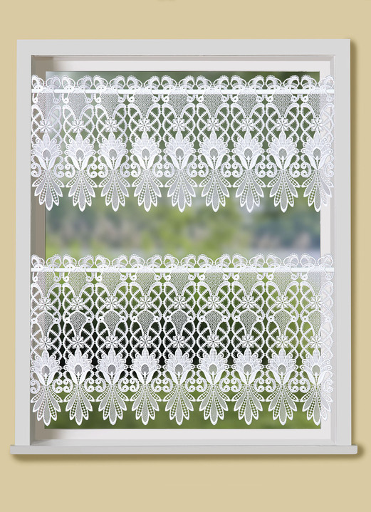 Kurzgardinen - Kurzstore mit aufwendigem Macramé-Abschluss, in Größe 661 (H30xB 95 cm) bis 865 (H60xB200 cm), in Farbe WEISS