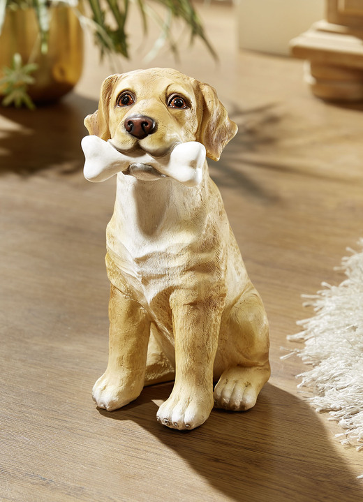 Figuren - Niedlicher Hund mit Knochen, in Farbe BRAUN-WEISS