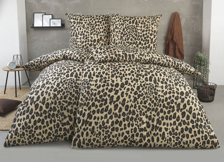 Bettwäschegarnituren - Bettwäsche-Garnitur mit Leopardenmuster , in Größe 111 (40x80 cm + 135x200 cm) bis 115 (80x80 cm + 155x220 cm), in Farbe BRAUN-SCHWARZ Ansicht 1