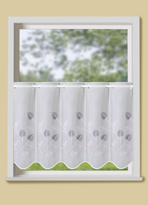 Kurzgardinen - Fein bestickter Kleinfenster-Store, in Größe 842 (H50xB 96 cm) bis 881 (H70xB160 cm), in Farbe WEISS-GRAU Ansicht 1