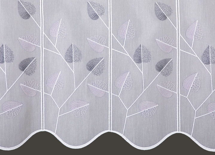 Kurzgardinen - Fein bestickter Kleinfenster-Store, in Größe 842 (H50xB 96 cm) bis 881 (H70xB160 cm), in Farbe WEISS-GRAU Ansicht 2