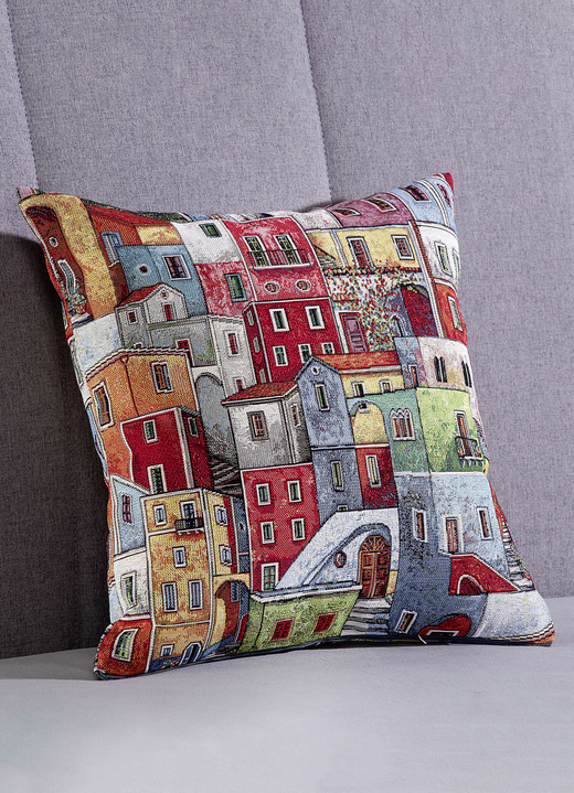 Dekokissen & Hüllen - Kissenbezug mit Reißverschluss, in Größe 105 (Kissenbezug, 40x40 cm) bis 110 (Kissenbezug, 50x50 cm), in Farbe BUNT, in Ausführung Dessin 2: Häuser Ansicht 1