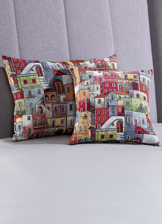 Dekokissen & Hüllen - Kissenbezug mit Reißverschluss, in Größe 105 (Kissenbezug, 40x40 cm) bis 110 (Kissenbezug, 50x50 cm), in Farbe BUNT, in Ausführung Dessin 2: Häuser Ansicht 2