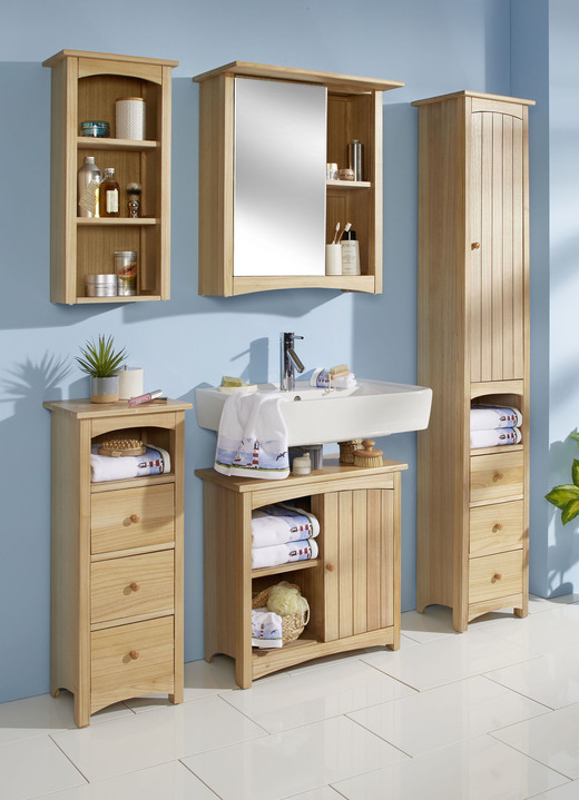 Badezimmermöbel - Badmöbel-Programm aus massivem Holz Ansicht 1 Badezimmermöbel - Badmöbel-Programm aus massivem Holz, in Farbe NATUR, in Ausführung Hängeregal Ansicht 1